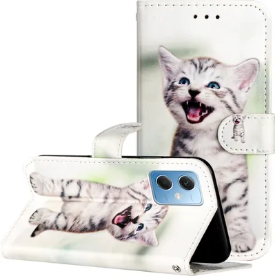 Produktbild von CLM-Tech Hülle kompatibel mit Xiaomi Redmi Note 12 5G - Tasche aus Kunstleder - Klapphülle mit Ständer und Kartenfächern, fröhliche Katze