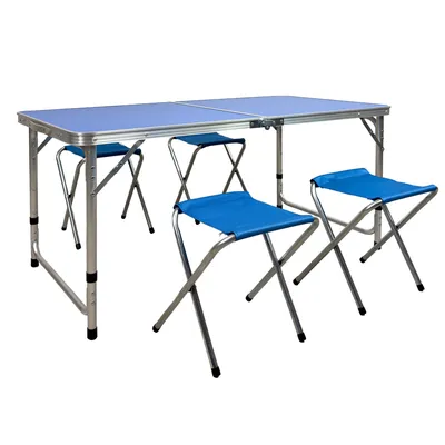 Produktbild von Grafner Campingtisch Sitzgarnitur klappbar Aluminium 120x60x70cm, 5 tlg. Set mit Tisch und 4 Stühlen, höhenverstellbar, stabil und tragbar, Camping Sitzgruppe Klapptisch Alu Mehrzwecktisch Picknick