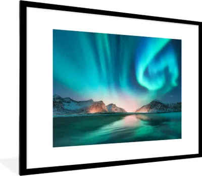 Produktbild von MuchoWow® MuchoWow® Gerahmtes Poster Nordlichter - Schnee - Reflexion - Norwegen 80x60 cm - Poster mit zchwarzem Bilderrahmen - Schlafzimmer-Dekorationen - Fotoposter