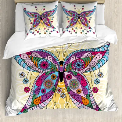 Produktbild von ABAKUHAUS Schmetterling Bettbezug, Frühlings-Blumen-Schmetterling, Milbensicher Allergiker geeignet mit Kissenbezügen, 155 cm x 220 cm - 80 x 80 cm, Mehrfarbig