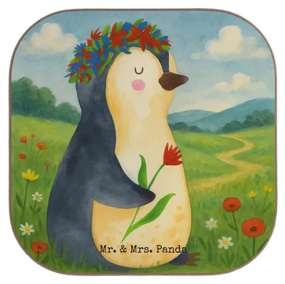 Produktbild von Mr. & Mrs. Panda Tischschoner Pinguin Blumen Design - Weiß - Geschenk, Untersetzer Tasse, Getränkeuntersetzer, Wunderschön, bieruntersetzer, für Gläser, Glas, Universum
