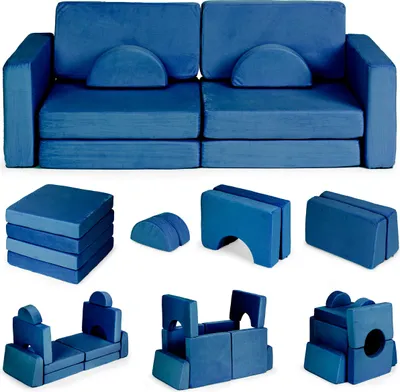 Immagine prodotto di Divano modulare pieghevole per bambini, grande, a 2 posti, fai da te, con 10 morbidi cuscini - blu ECOTOYS