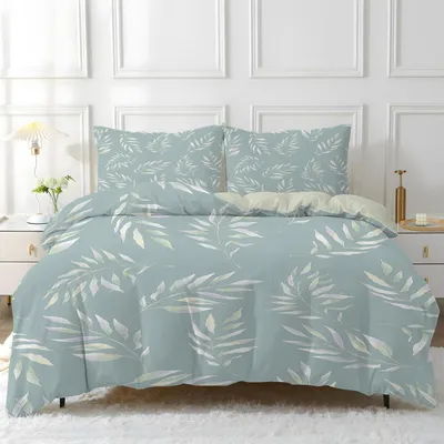 Immagine prodotto di Set di lenzuola 220x240 cm, motivo foglie verdi, stile botanico, in microfibra, 3 pezzi, con cerniera