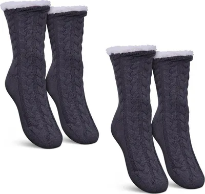 Immagine prodotto di Calzini da casa (grigio / 2 paia) da donna con fodera in orsacchiotto - Calzini da casetta con suola antiscivolo - Calzini norvegesi in ABS con motivo a maglia a cavo - Calzini accoglienti taglia unica con tappo