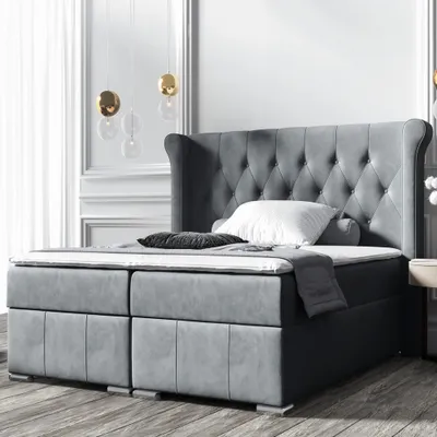 Produktbild von Selsey Boxspringbett MONTUNO - Doppelbett 180 x 200 cm mit Samtbezug in Grau, Taschenfederkernmatratze, Topper und Stauraum