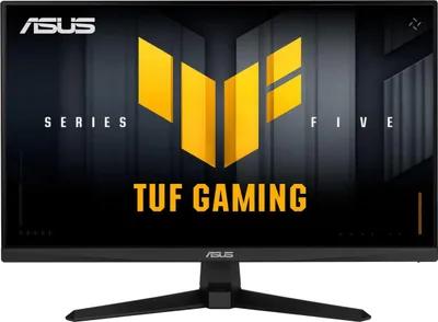 A computer monitor displaying marketing graphics for ASUS TUF Gaming.