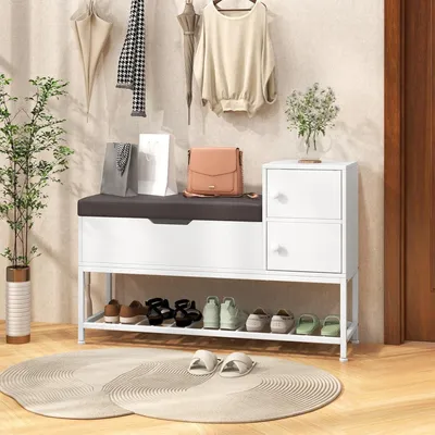 Zdjęcie produktu dla ławka do przechowywania butów, mebel do przechowywania obuwia, ławka do przedpokoju, stojak na buty, ławka z miejscem do przechowywania, składana klapa, poduszka siedziska z PVC