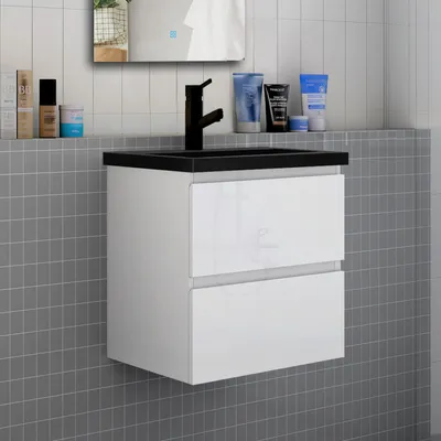 Produktbild von Badmöbel Set HUTI-Serie 60cm Schwarz Waschtisch mit Unterschrank Badezimmermöbel mit 2 Schubladen Hochglanz Weiß Hängeschrank