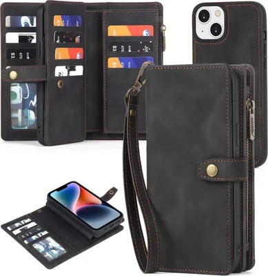 Image de Pour iPhone 14 Plus Zipper Wallet Detachable MagSafe Leather Phone Case (Black)