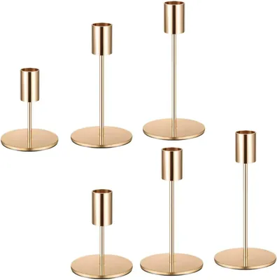 Immagine prodotto di 6 candelabri dorati in metallo, porta candele vintage per decorazioni da tavolo e matrimoni