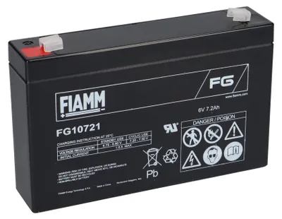 A black battery with labels and symbols on a white background.