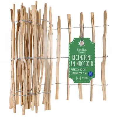 Immagine prodotto di Creative Home Recinzione da Bordura 80cm x 5m | Staccionata in Legno Nocciolo | Distanza tra i rami: 7-9cm | Recinto Rustico Naturale