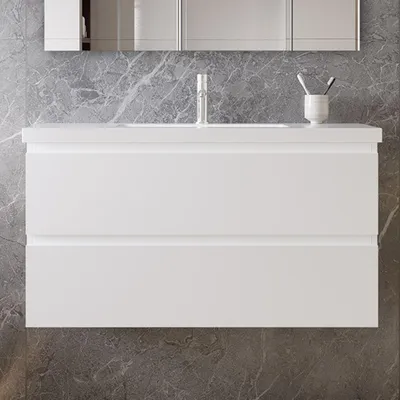 Produktbild von 100 cm Badmöbel-Set Unterschrank mit Mineralguss waschtisch 2 Schubladen soft-close Weiß Matt Selbstmontierter