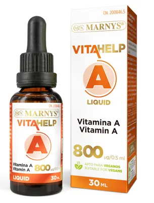 A bottle of MARNYS Vitahelp Vitamin A liquid supplement next to its packaging.
