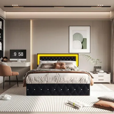 Obrázok produktu pre Čalúnená posteľ Fortuna Lai 160x200 cm s LED osvetlením, hydraulickým podstavcom, lamelovým roštom a výškovo nastaviteľným čelom, dizajnová posteľ zo zamatu