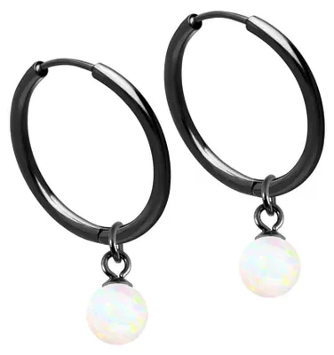 Produktbild von Chirurgenstahl Ohrclicker Creolen SYNTHETISCHER OPAL Farbe: Schwarz + Opal: Weiß Innendurchmesser: 14 mm