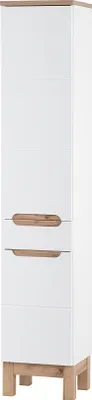 A tall, narrow white cabinet with wooden accents and legs, shown against a white background.