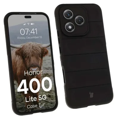 A black phone case is shown next to a phone displaying a wallpaper.