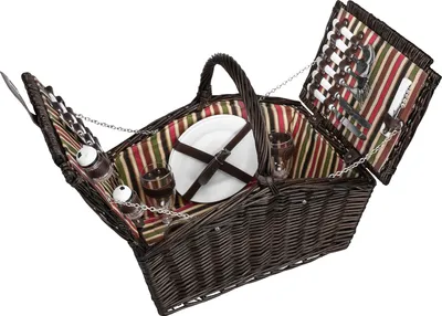 Produktbild von Picknickkorb Weide + Zubehör 23 tlg. für 4 Personen - Rot Grün Braun