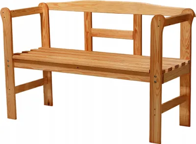 A wooden garden bench with a backrest, presented against a white background.