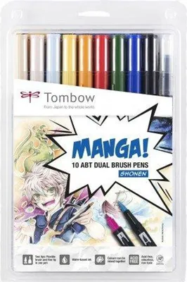 Obrázek produktu pro Tombow ABT-10C-MANGA1, Jemný / střední, 10 barva/barev, Černá, Modrá, Zelená, Šedá, Oranžová, Růžová, Žlutá, Kulatý a štětcový hrot, Vícebarevný, Kulatý