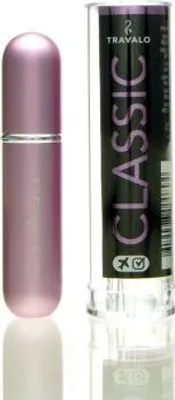 A pink refillable perfume atomizer and its clear plastic packaging are shown against a white background.