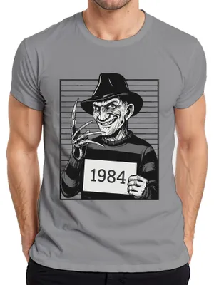 Productafbeelding van Freddy Krueger 1984, opsporingsfoto, horror, slasher, retro, jaren '80, heren T-shirt, grijs, 3XL