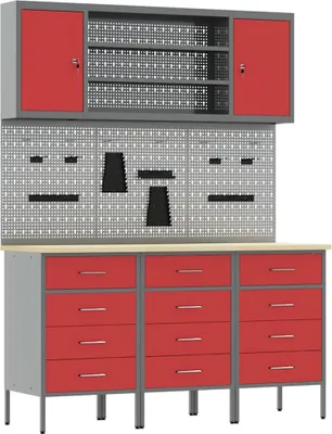 Image de Table de travail avec tiroirs, 7 pièces, rouge, pour ingénieurs, en bois et en acier