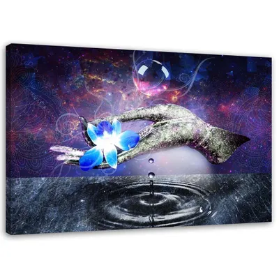 Produktbild von Leinwandbild blume auf palme und wassertropfen 100x70 cm Feeby lila wandbild bereit zum aufhängen
