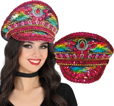 Productafbeelding van Politiekapiteinhoed, kleurrijk design, fonkelende steentjes, carnaval, glinsterend accessoire, optocht, adembenemend kostuum, politiefeest, glamoureuze details, kleur: roze