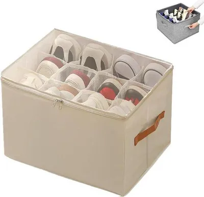 Produktbild von Unyqoos® Stapelbarer Schuh-Organizer (beige) mit transparentem Deckel – platzsparende Aufbewahrungsbox für Schuhe & Kleidung