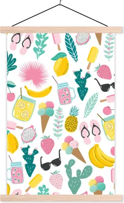 Produktbild von MuchoWow® Textilposter Sommer - Symbole - Weiß 40x60 cm mit holzfarbenen Rahmen - Poster