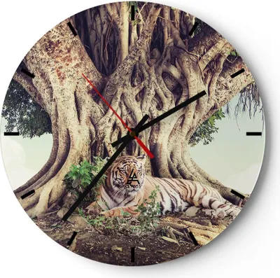 Produktbild von Wanduhr - Rund - Glasuhr - Tiger Wild Baum - 40x40cm - Schleichendes Uhrwerk - Lautlos - zum Aufhängen bereit - Dekoration Modern - Wanddekoration aus Glas - C3AR40x40-5124