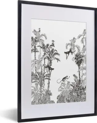 Produktbild von MuchoWow® Gerahmtes Poster Dschungel - Schwarz - Weiß - Affe 30x40 cm - Poster mit Schwarzem Bilderrahmen Wandposter Rahmen Foto Bilder - Wandposter Schlafzimmer