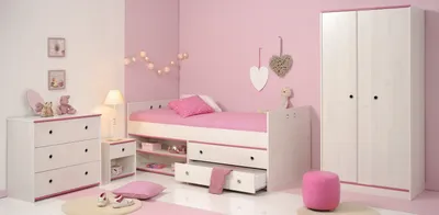 Produktbild von Jugendzimmer-Set >Smoozy 21< (4-teilig), Bett, Nachtschrank, Kleiderschrank, Kommode, Kiefer weiss