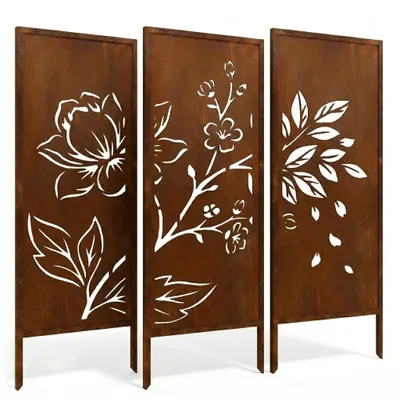 Produktbild von Stahl-Lotusblumen-Gartensichtschutz-Set (3x) 120x50cm – Lasergeschnittenes Metall-Sichtschutzpaneel im Corten-Stil