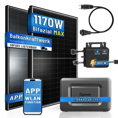 Produktbild von GreenSun Solar Balkonkraftwerk 1130W Bifazial mit Hoymiles HMS800 und Dyness 1.6Kwh Speicher