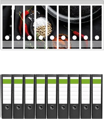 Produktbild von Wallario 9 Stück breite Ordner inkl. Klebeetiketten mit Motive Chili und Pfeffer - Gewürze neben einer Eisenpfanne -  Set mit Rückenschildern / Ordnerrücken Stickern