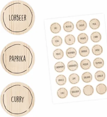 Produktbild von 24 Gewürzetiketten - Holzoptik - 22 beschriftet 2 blanko - rund 4 cm Ø - Küchen Aufkleber Sticker
