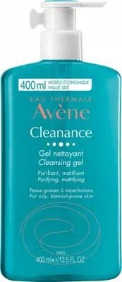 A teal colored bottle of Avene Cleanance Cleansing Gel with a white pump dispenser.