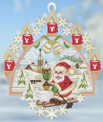 Produktbild von Fensterbild aus Plauener Spitze - Weihnachtlicher Schwibbogen   (BxH) 21cm x 24cm, mehrfarbig, Fensterdekoration und Fensterschmuck