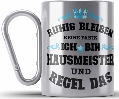 Produktbild von Trendation - Hausmeister Edelstahl Tasse Karabiner Lustiges Geschenke Lustig Spruch Haustechniker Geschenkidee Sprüche Keine Panik (Silber)