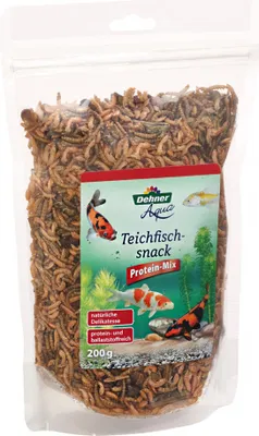 Produktbild von Dehner Aqua Teichfischsnack, Fischfutter Protein-Mix, Seidenraupen / Mehlwürmer / Gammarus / Heuschrecken, 200 g