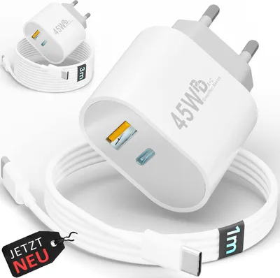 Produktbild von 45W USB-C & USB-A Schnellladegerät mit GaN-Technologie Netzteil für Handy, Samsung, iPad, iPhone | Charger Schnellladestecker - Ladegerät + 1m Kabel