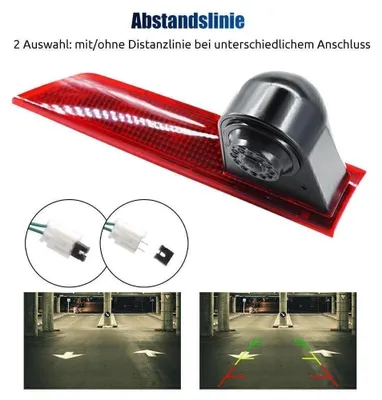 Zdjęcie produktu dla Kamera cofania z LED-ową lampą stopu, przeznaczona do Ford Transit Custom (2012-2016). Posiada funkcję nocną, linie odległości, jest wodoszczelna (IP68), posiada obiektyw szerokokątny 170 stopni i czujnik CCD o rozdzielczości 720x480