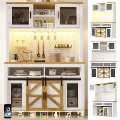 Produktbild von Kš¹chenschrank Wei? Hochschrank mit Arbeitsfl?che App-Gesteuerte LED-Beleuchtung Integrierte Steckdosen & USB-Anschluss Kš¹chenbuffet mit Lochplatte & Gittertš¹r