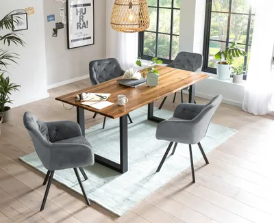 Produktbild von SalesFever Akazie-Essgruppe | 5-tlg. | Platte 26 mm | Gestell Metall | 4 Drehstühle aus Samt | 160x85 cm | cognac–schwarz-grau