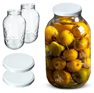 Obrázok produktu pre Sklenená nádoba s objemom 5 litrov – Veľká dóza na zaváranie – Vhodná na med, uhorky, ovocie – Opakovane použiteľná – Bezpečná pre potraviny – S 2 bielymi viečkami