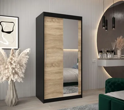 Produktbild von Schwebetürenschrank mit einer Breite von 100 cm TIMEA 2 – Schwarz / Eiche Sonoma