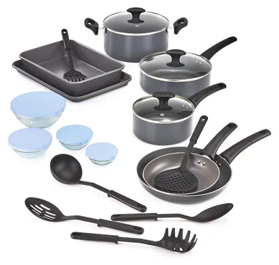 Imagen del producto de Conjunto de utensilios de cocina antiadherentes de diseño elegante, con tapas de vidrio. Incluye accesorios de aluminio para hornear, ollas y demás